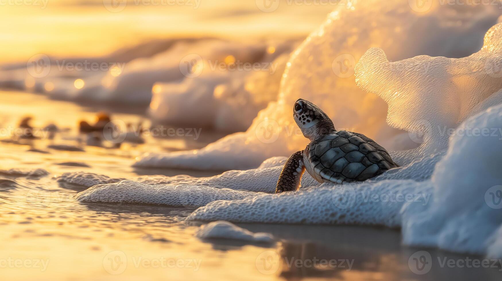 A small turtle emerges from foam on the shore, heading toward the ocean at sunset. photo