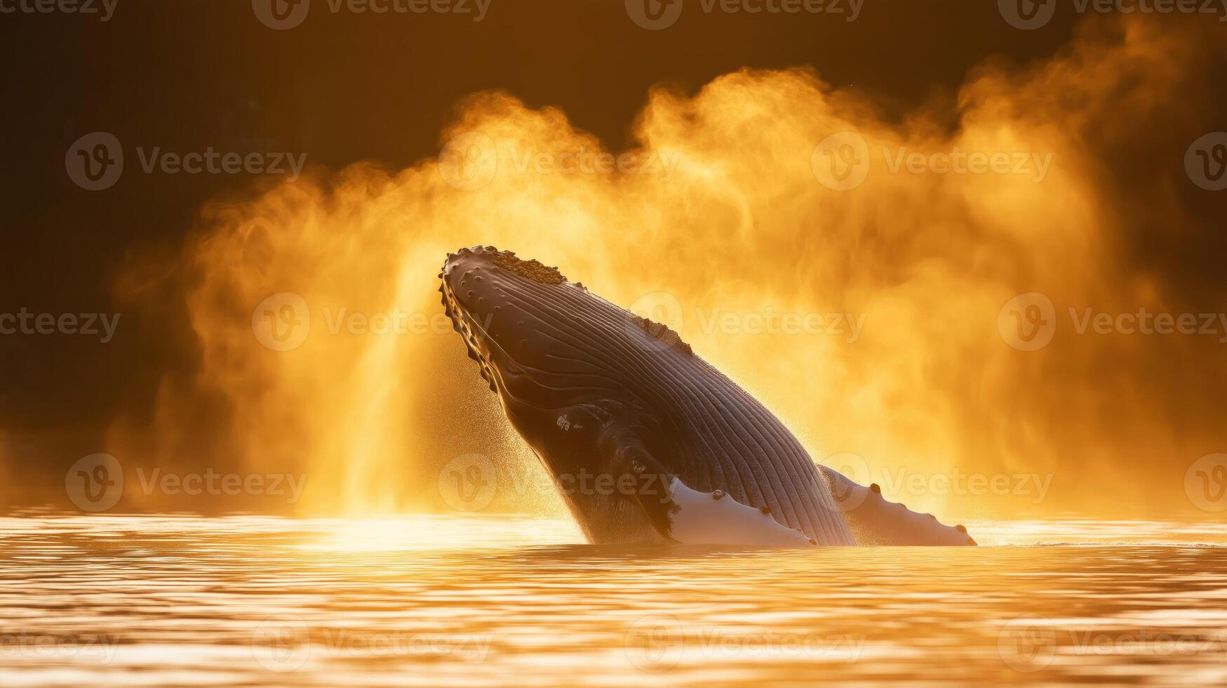 A humpback whale leaps from the water during sunset, creating a stunning golden mist. photo