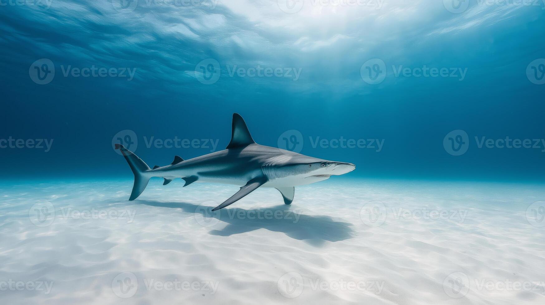 A shark swims effortlessly over a sandy ocean floor in bright blue waters, showcasing its elegance. photo