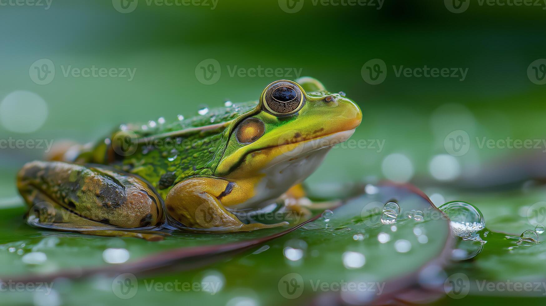 Frog rests on a green leaf with raindrops, showcasing vibrant colors in a tranquil environment. photo