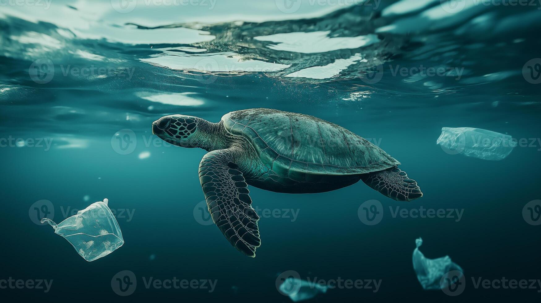 A sea turtle glides gracefully through clear ocean waters, surrounded by floating plastic waste. photo
