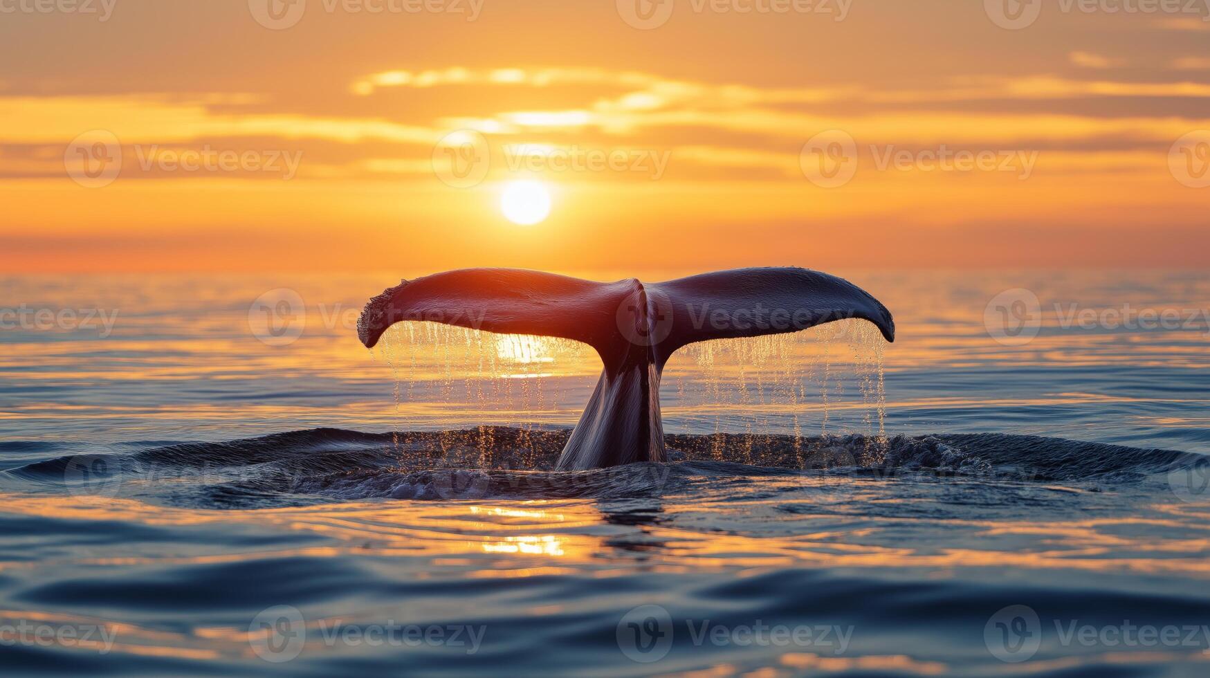 A whale's tail breaks the calm ocean as the sun sets, painting the sky with warm colors. photo
