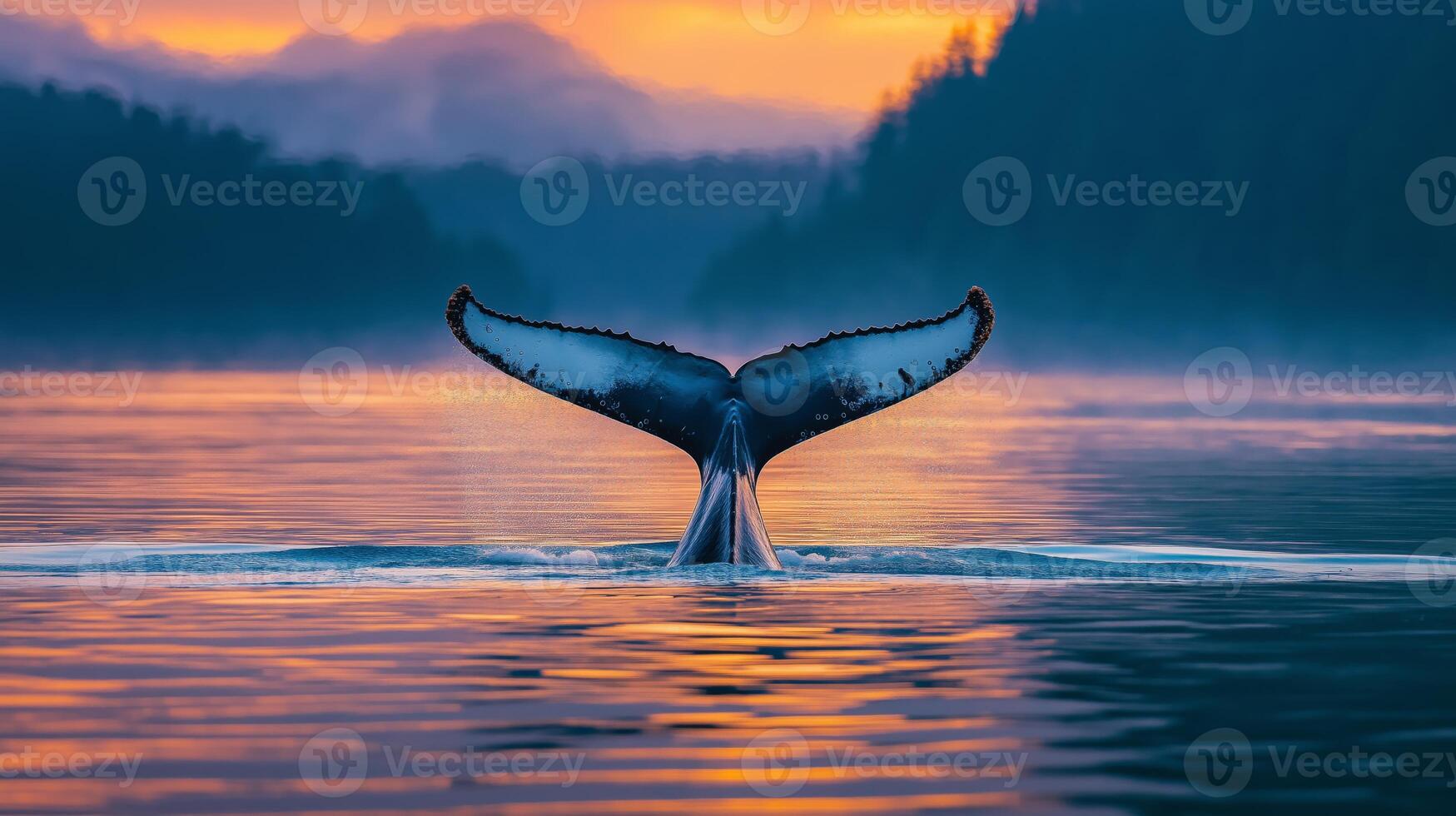 A humpback whale gracefully dives into the calm waters as sunrise paints the sky with warm colors. photo