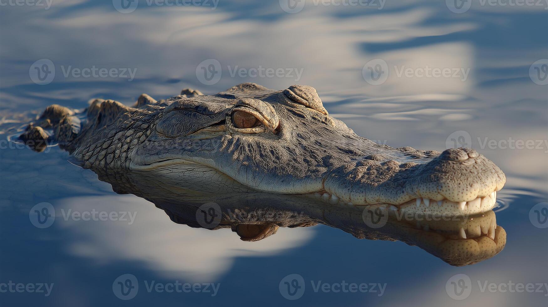A crocodile glides calmly over still waters as the sunset casts soft colors. photo