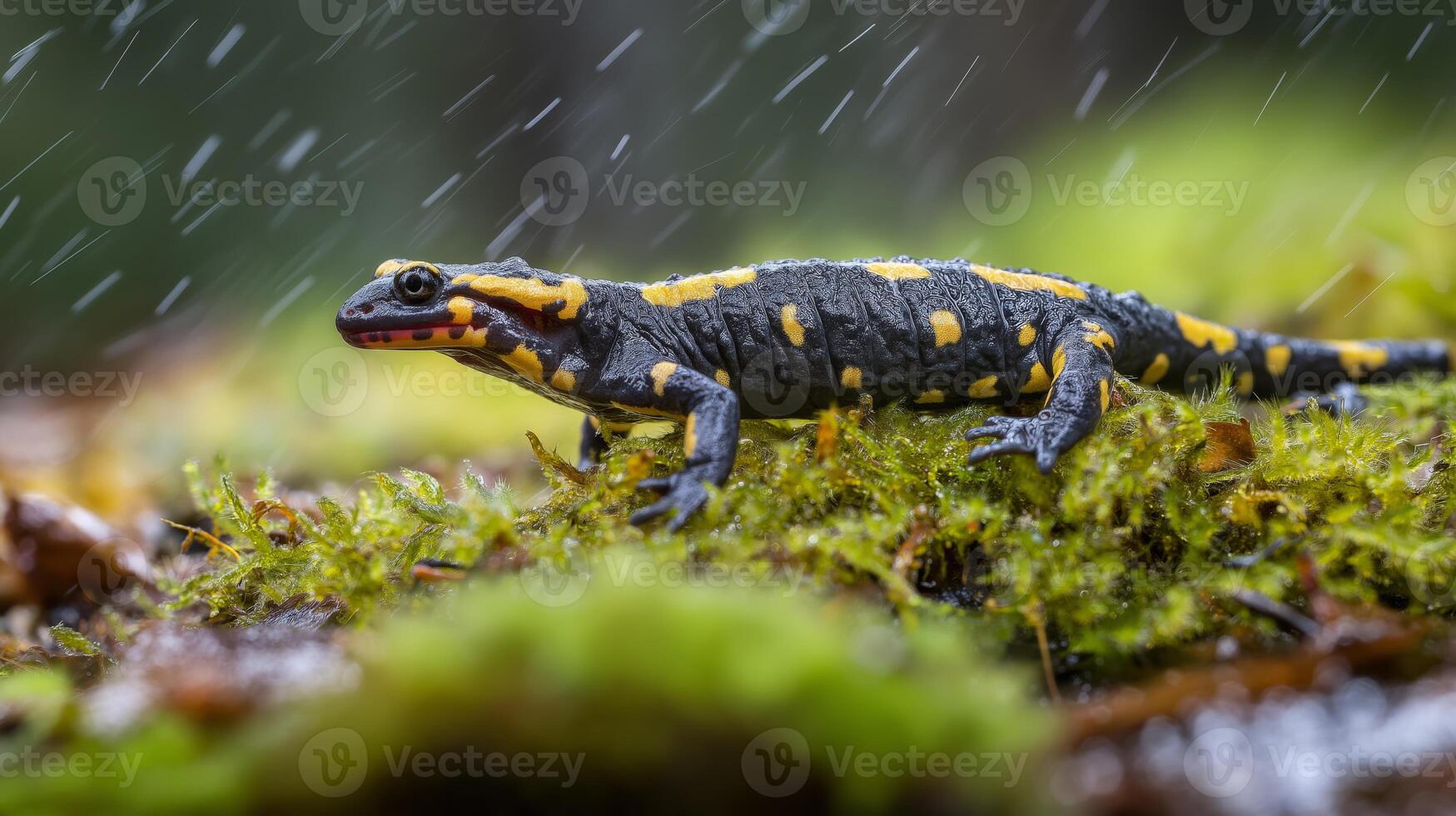 A vibrant salamander moves over moss as rain falls, showcasing its striking colors and habitat. photo
