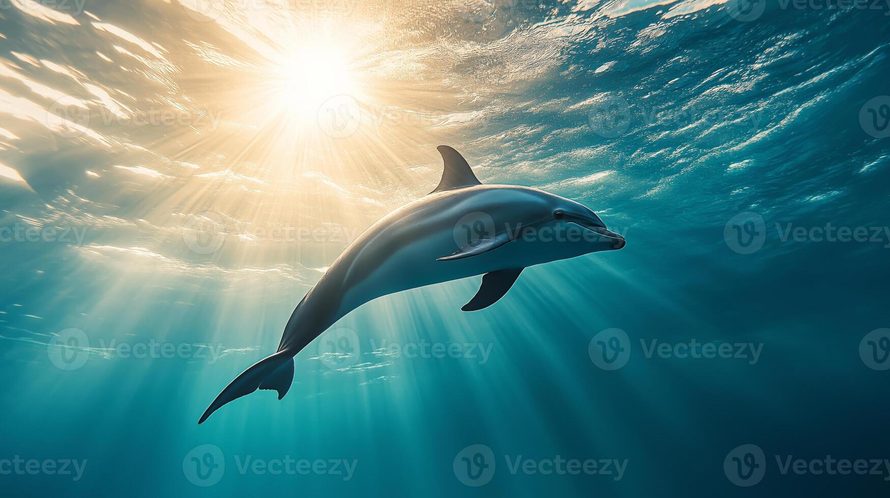 A dolphin glides smoothly through bright blue water, illuminated by sunlight above. photo