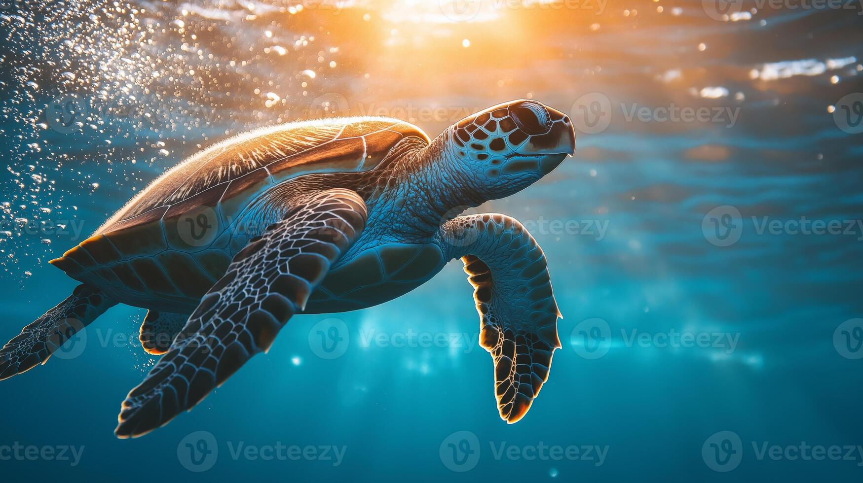 A sea turtle swims gracefully in sunlit waters, exploring its ocean habitat. photo
