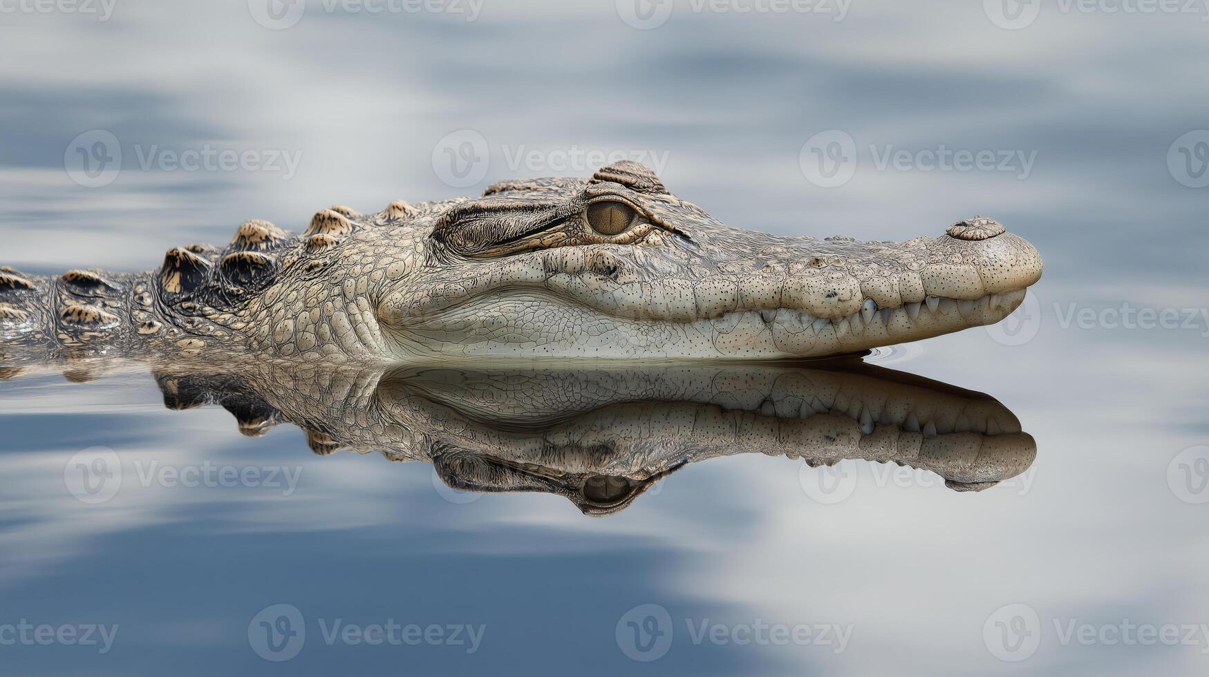 A crocodile glides on calm water, its impressive features reflected in the surface. photo
