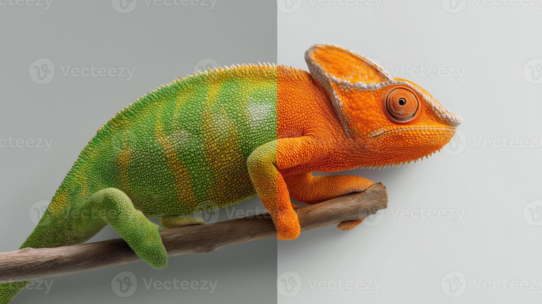 A chameleon displays its ability to change color while perched on a branch, showcasing vibrant hues. photo