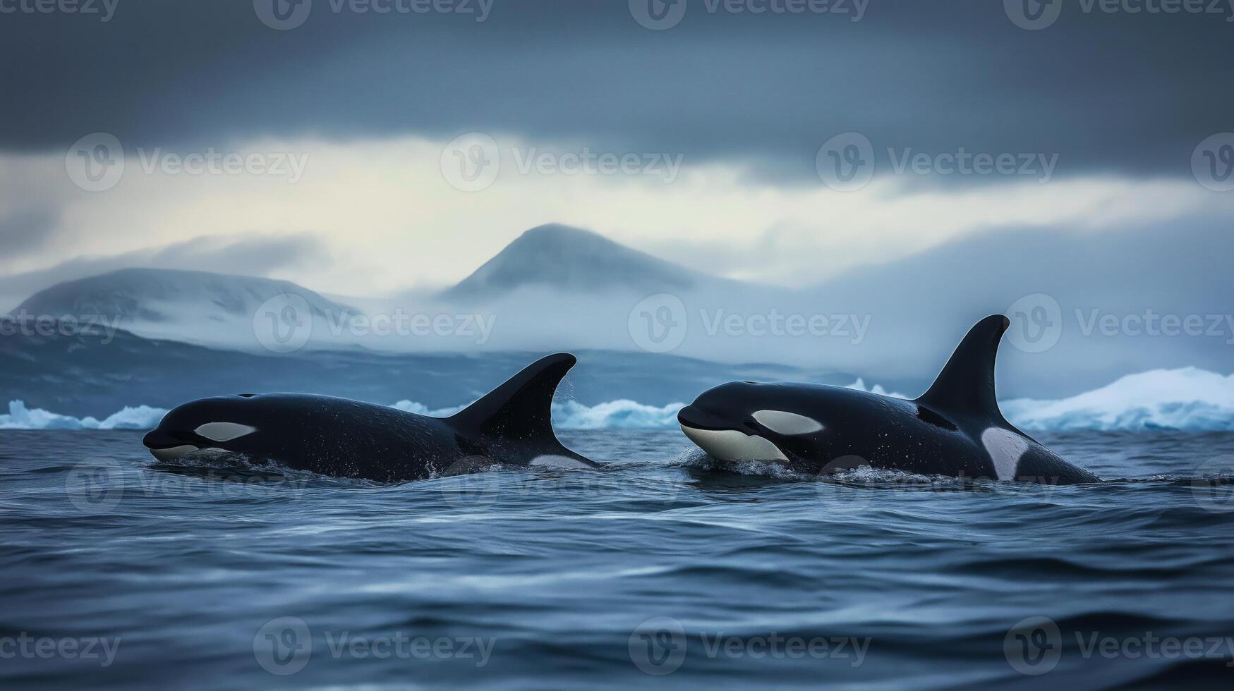 Orcas glide through chilly waters beneath a gray sky, surrounded by distant mountains. photo