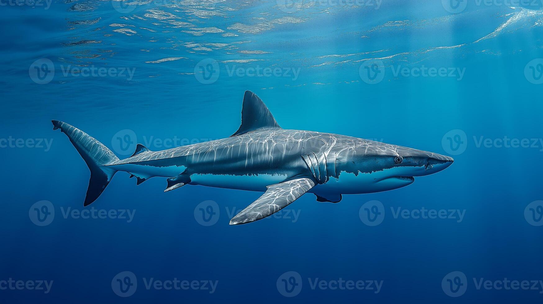 A shark glides through crystal-clear waters, showcasing its sleek body and powerful fins. photo
