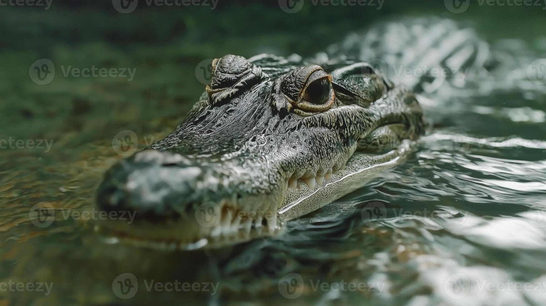 A large alligator swims gracefully in clear water, showcasing its textured skin and sharp teeth. photo