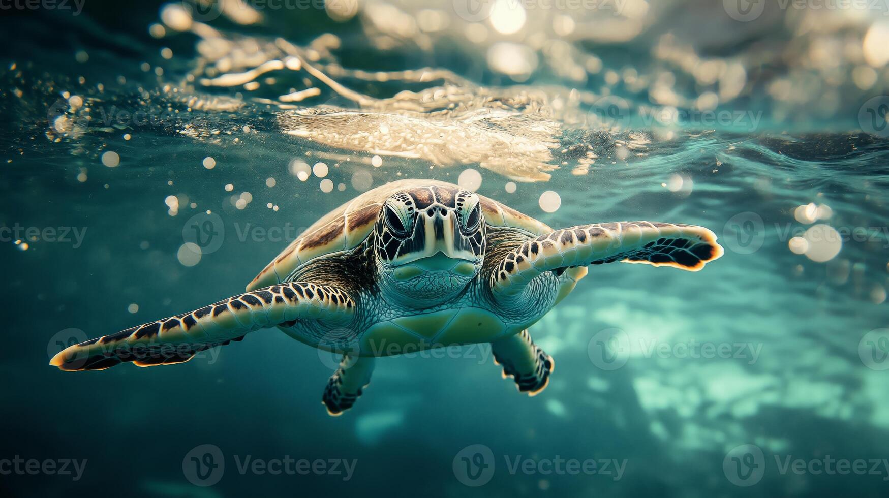 A graceful sea turtle swims peacefully in clear blue waters. Sunlight sparkles on the surface. photo