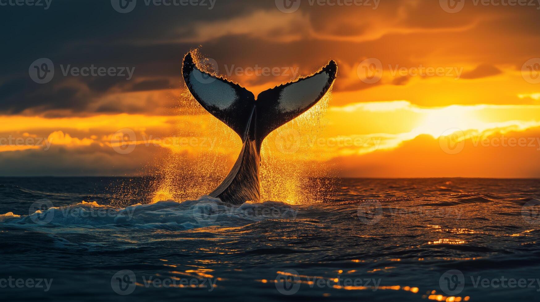 A whale tail breaches the water at sunset, creating a stunning display of light. photo