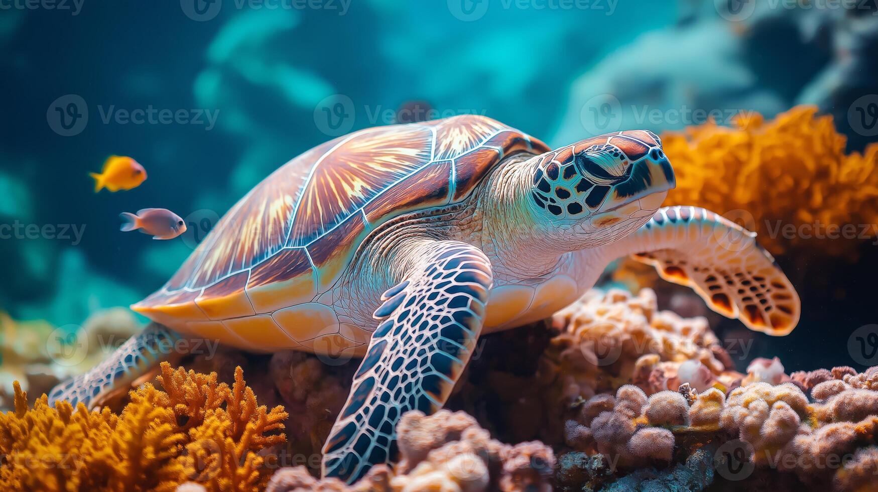 A sea turtle glides gracefully over coral, surrounded by small fish in a pristine underwater scene. photo