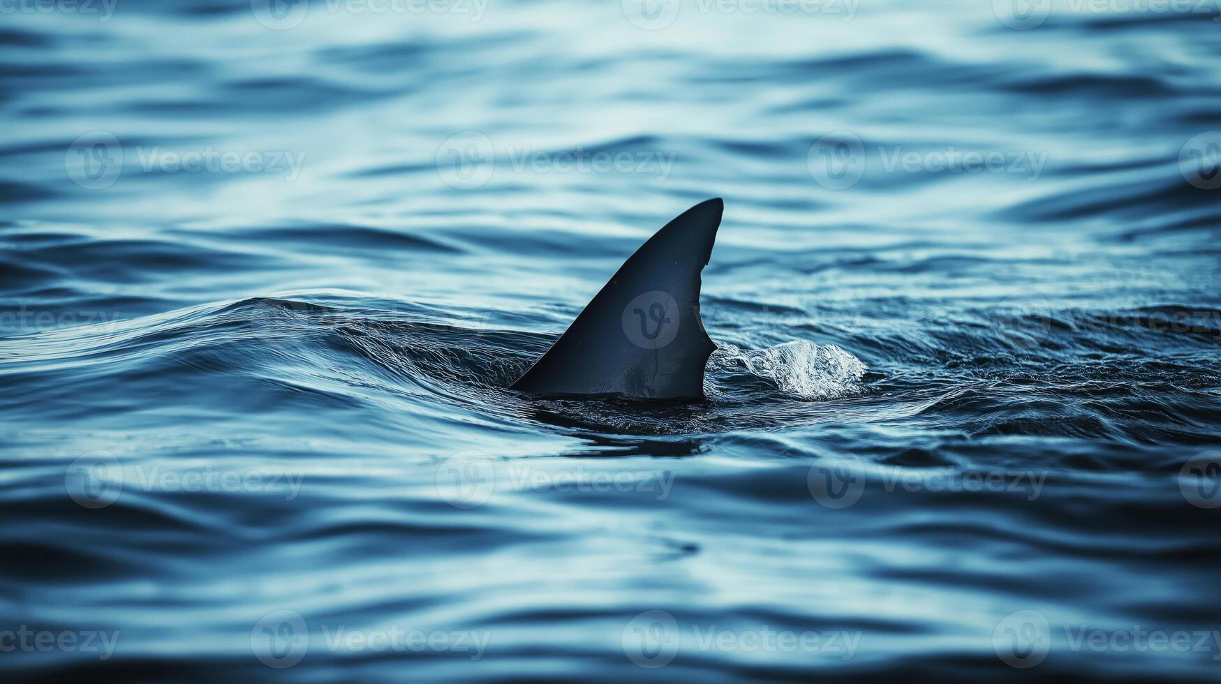 A shark fin breaks the surface of the tranquil ocean at dawn, creating gentle ripples in the water. photo