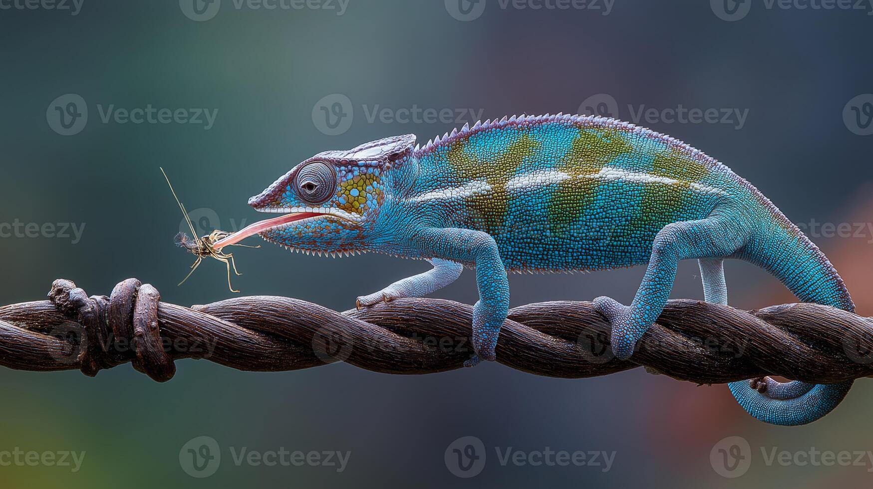 A vibrant chameleon extends its long tongue to capture an insect sitting on a vine. photo