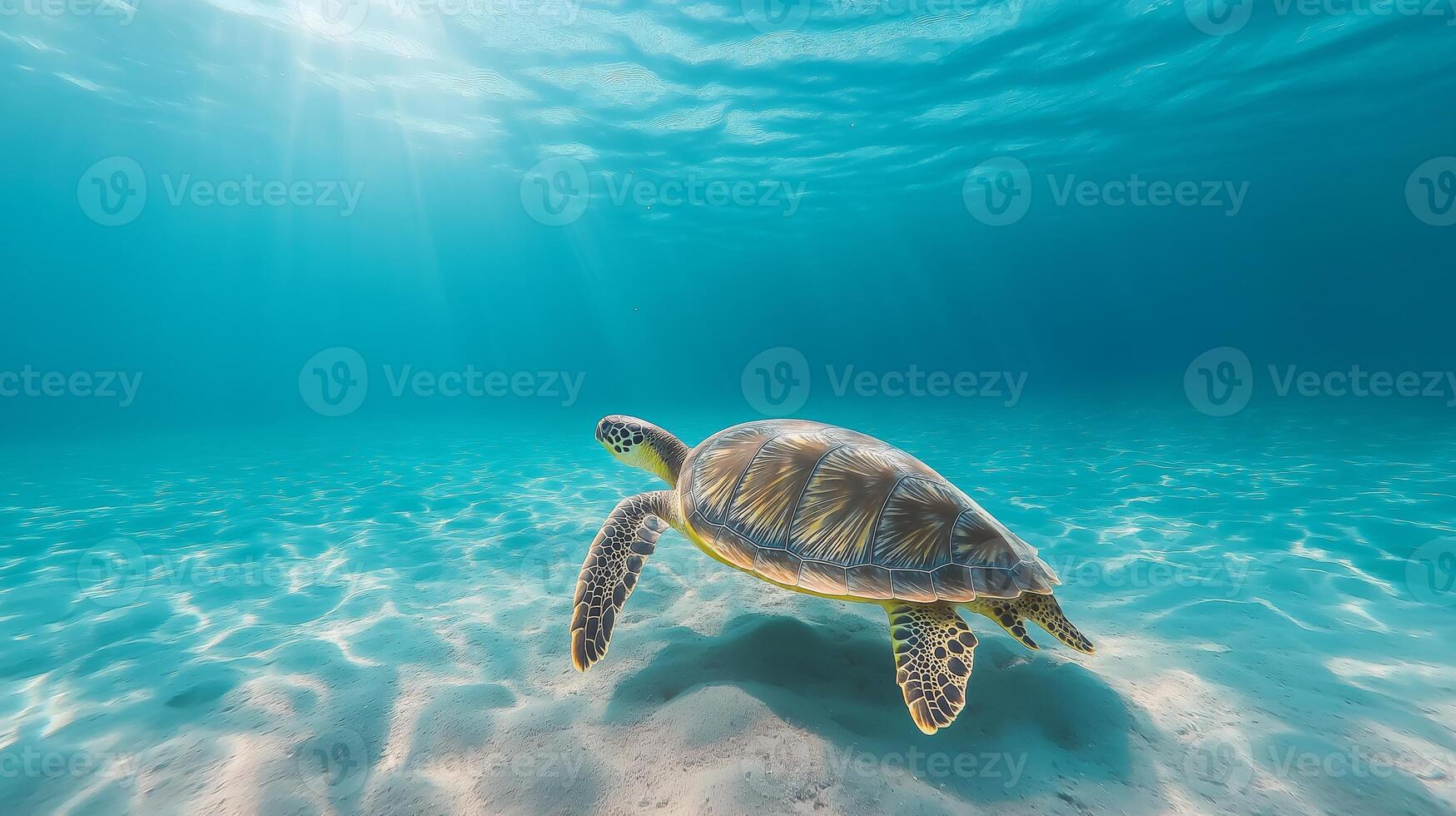 A green sea turtle navigates through tranquil, sunlit ocean waters near a sandy seabed. photo