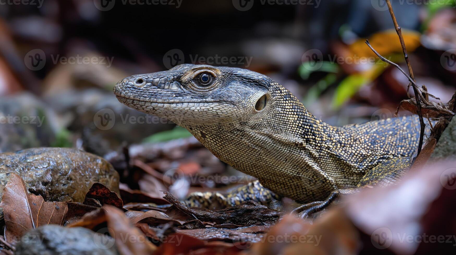 A lizard is seen among colorful fallen leaves in a vibrant forest, basking in sunlight. photo