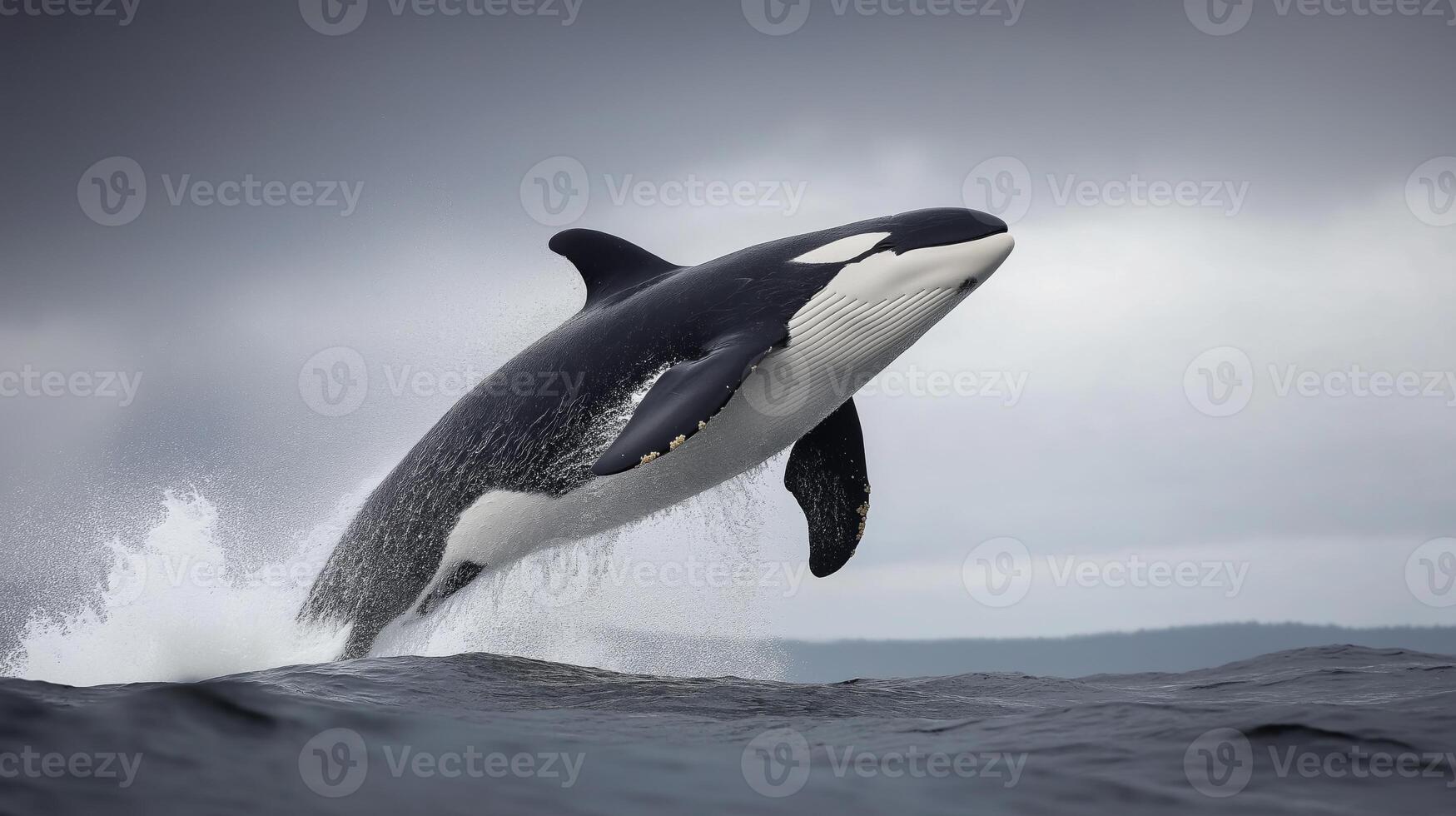 An orca leaps out of the water, creating a splash, against a backdrop of grey clouds at dawn. photo