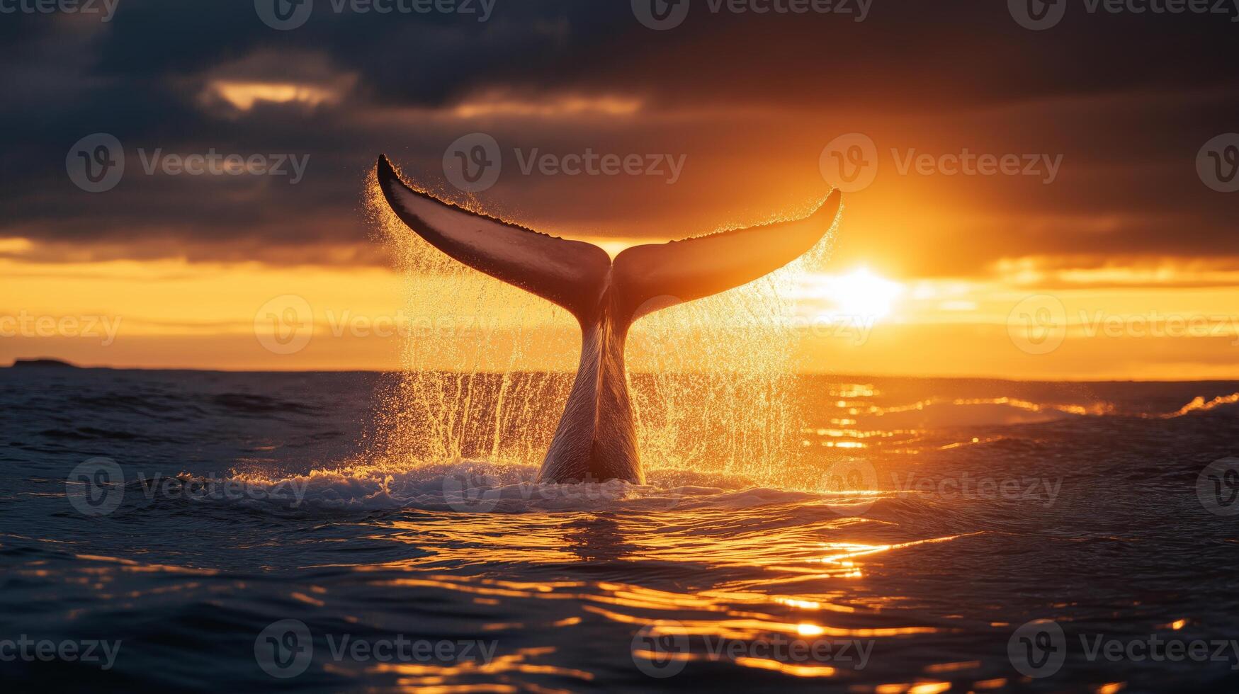 A whale splashes water while diving at sunset, creating a stunning silhouette. photo