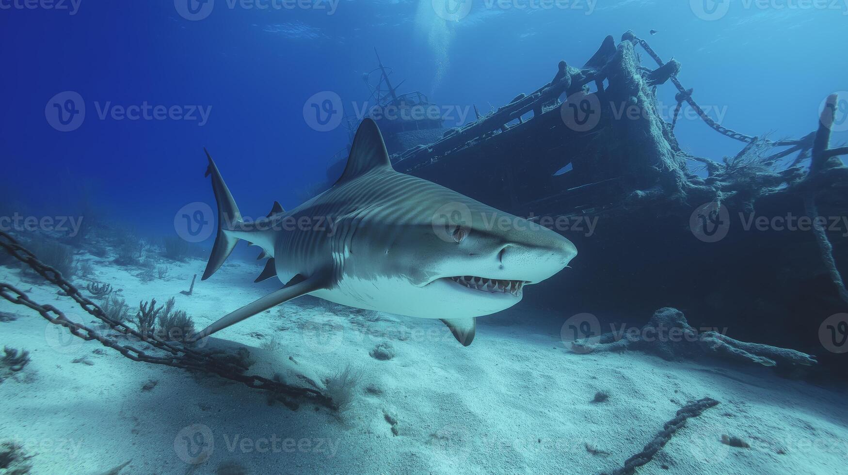 A shark glides through vibrant blue waters near a sunken shipwreck, showcasing marine life. photo