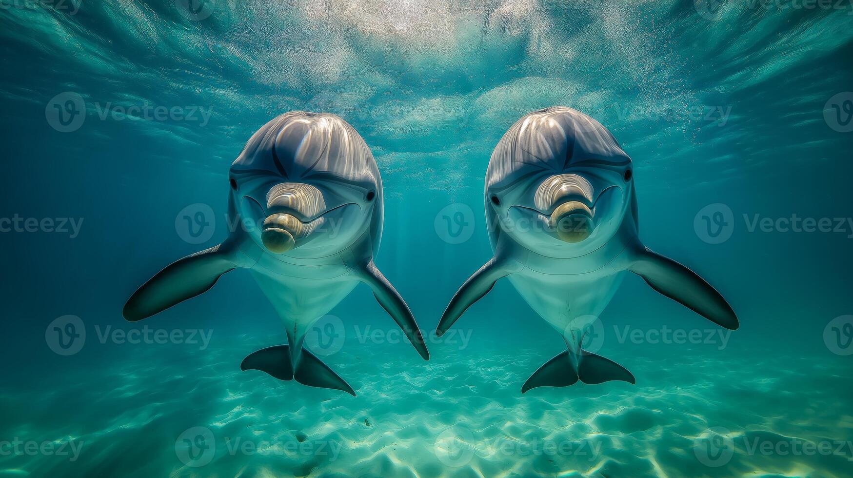 Two dolphins glide through crystal clear water, displaying their playful behavior and intelligence. photo