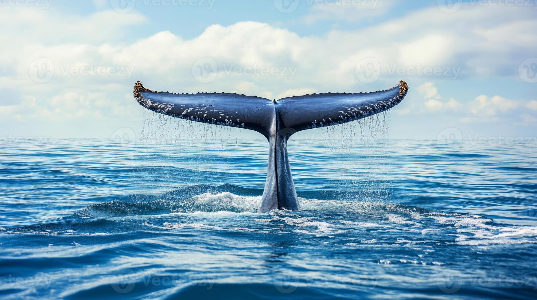 Whale tail emerges from the water, sending droplets flying in the clear ocean on a sunny day. photo