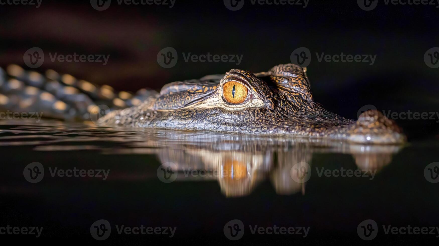 A crocodile floats serenely in still water while the night surrounds its tropical habitat. photo