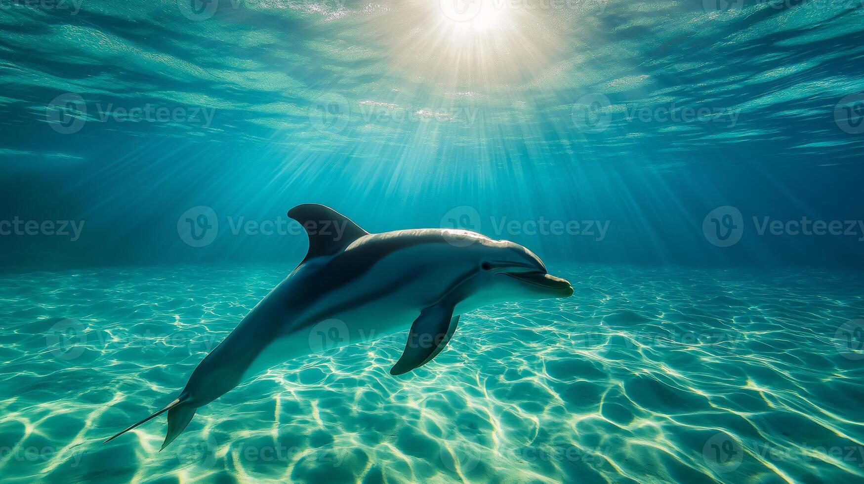 A dolphin glides through clear waters, creating a serene, sunlit atmosphere. photo