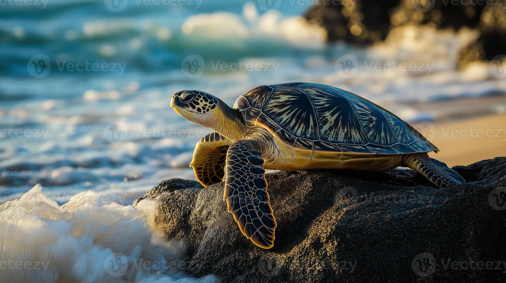 A sea turtle rests on a rock as gentle waves crash around it on a serene beach at sunset. photo