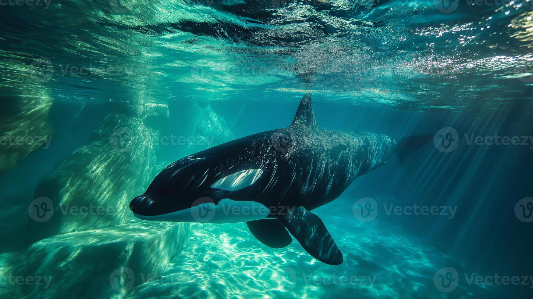 An orca swims elegantly beneath the surface, surrounded by sparkling blue water and soft sunlight. photo