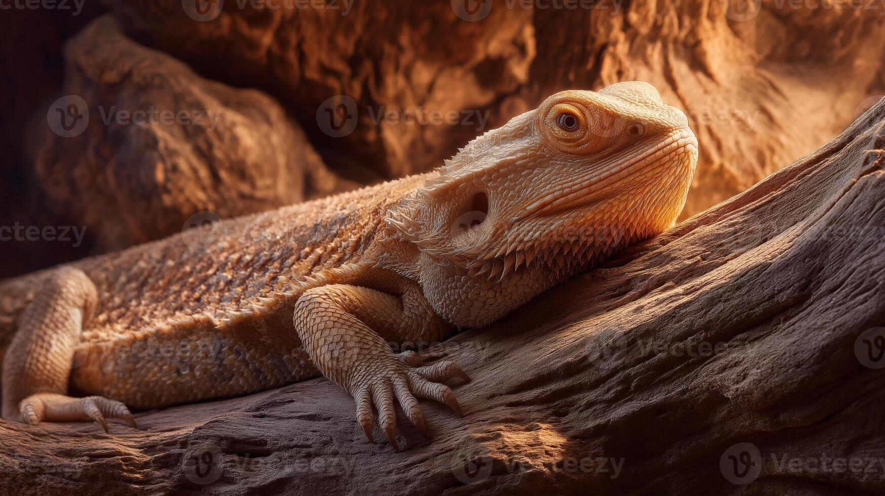 A bearded dragon basks on a sunlit rock, enjoying warmth in its rocky desert environment. photo