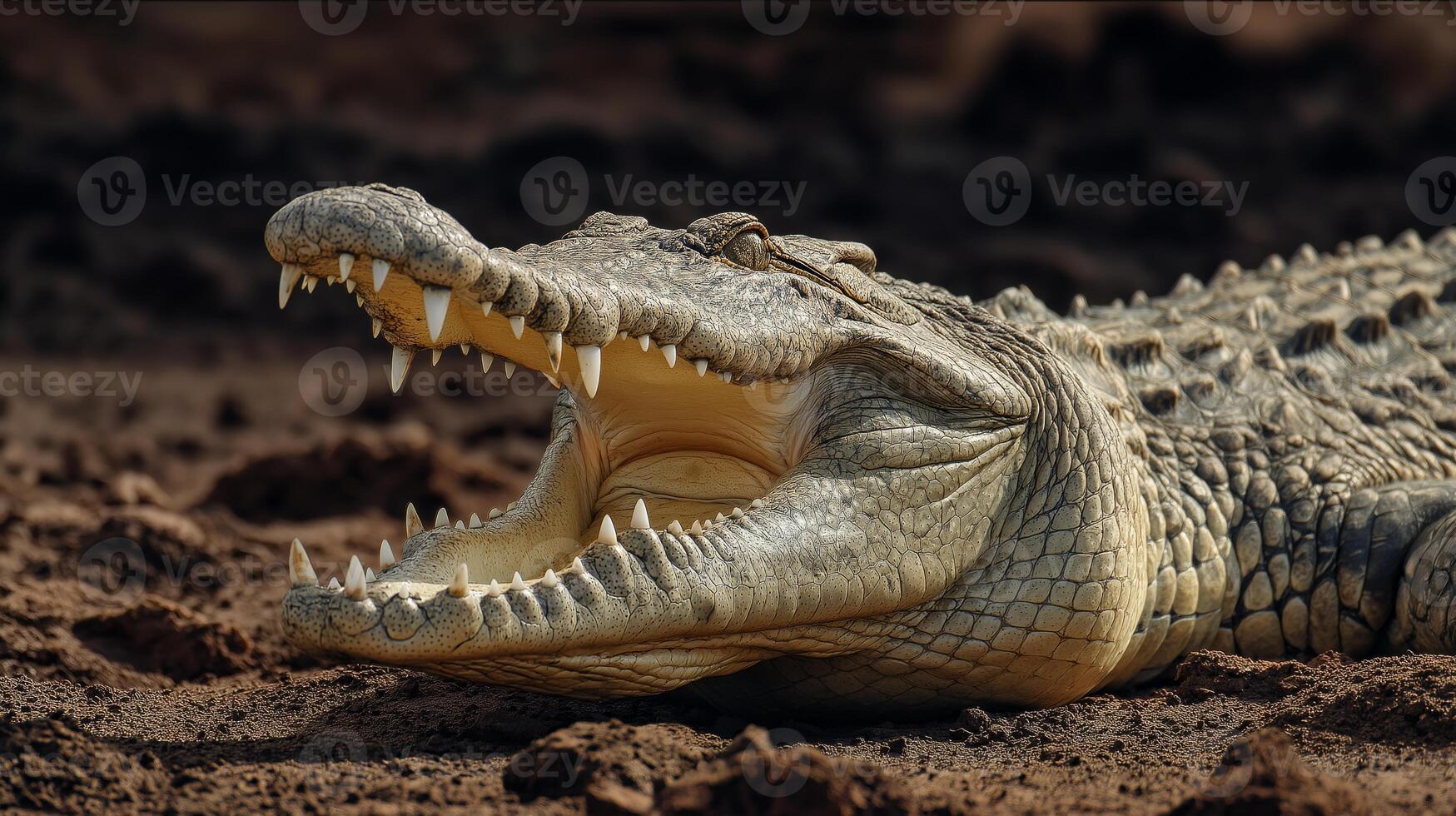 Large crocodile basks under the sun on a muddy terrain, showcasing powerful jaws and scales. photo