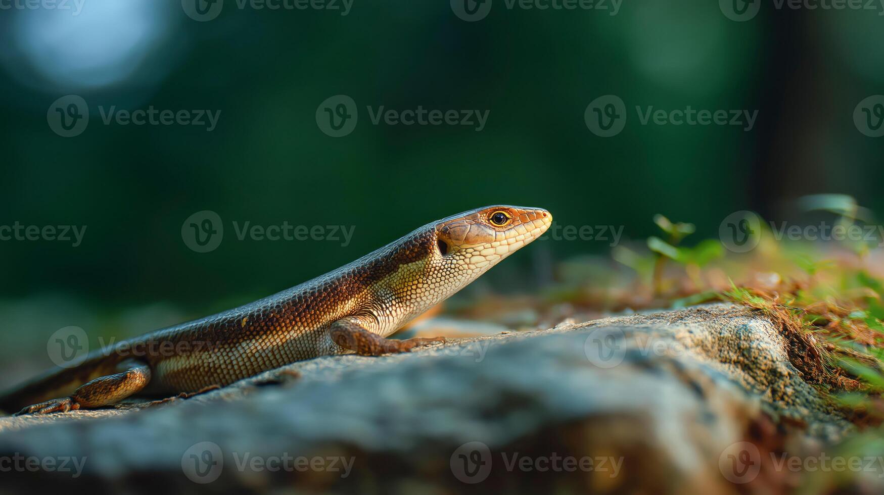 A skink rests on a rocky surface while surrounded by greenery in soft evening light. photo