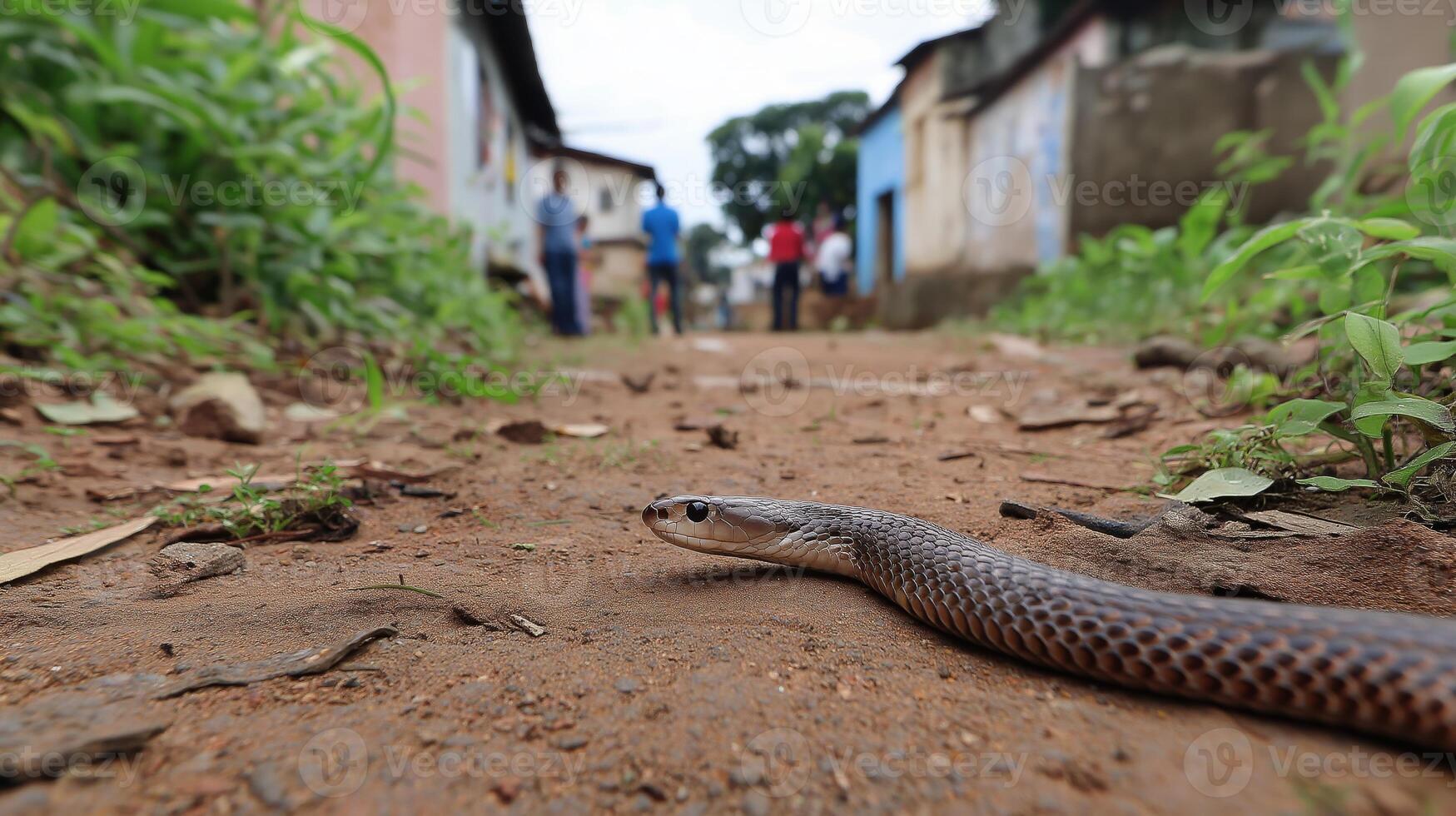 A snake moves along a dusty road in a village as people gather nearby talking and walking. photo