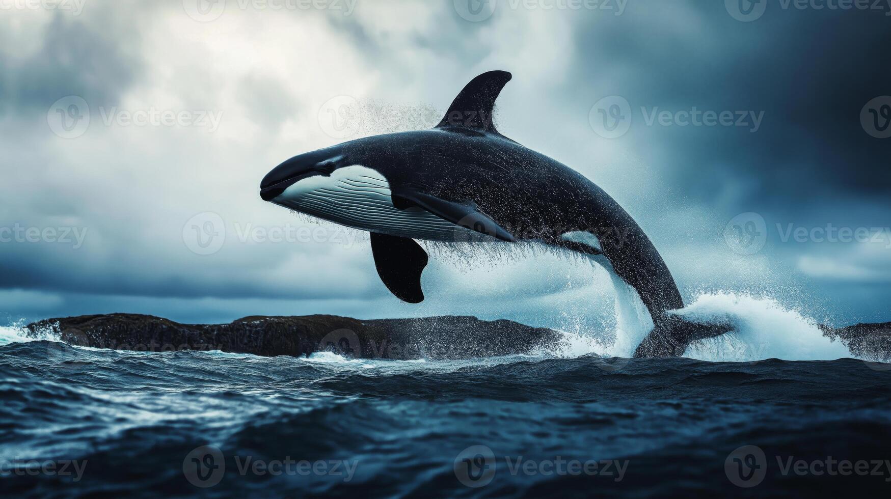 A large whale breaches the water, showcasing its massive body against a dramatic cloudy sky. photo