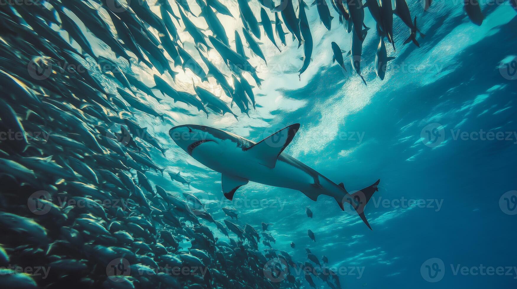 A shark gracefully glides through a school of fish beneath the shimmering ocean surface. photo