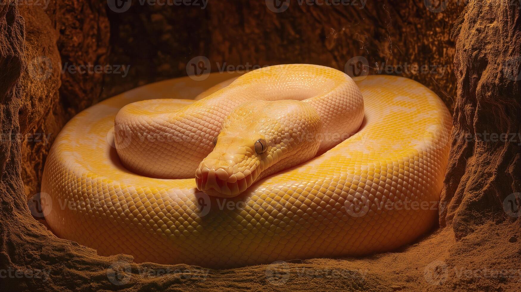 An albino python rests peacefully in its habitat, showcasing vibrant colors and textures. photo