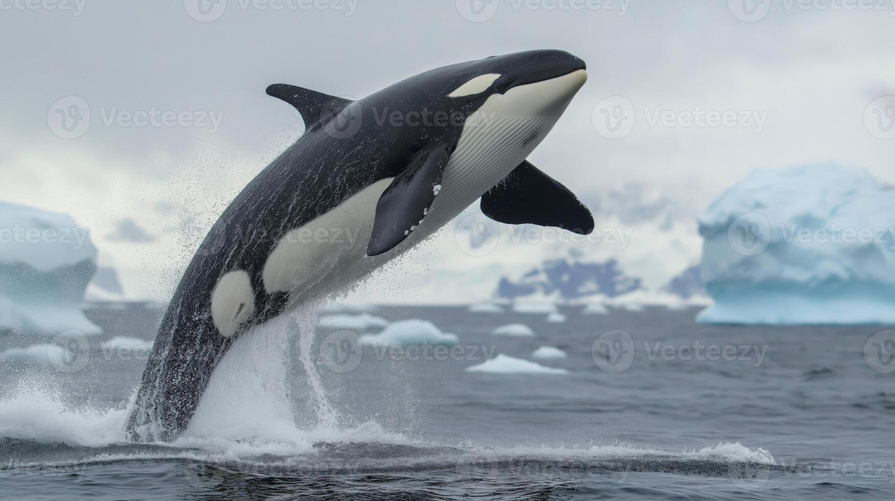 An orca leaps from the ocean surface, showcasing its strength amidst icy surroundings. photo