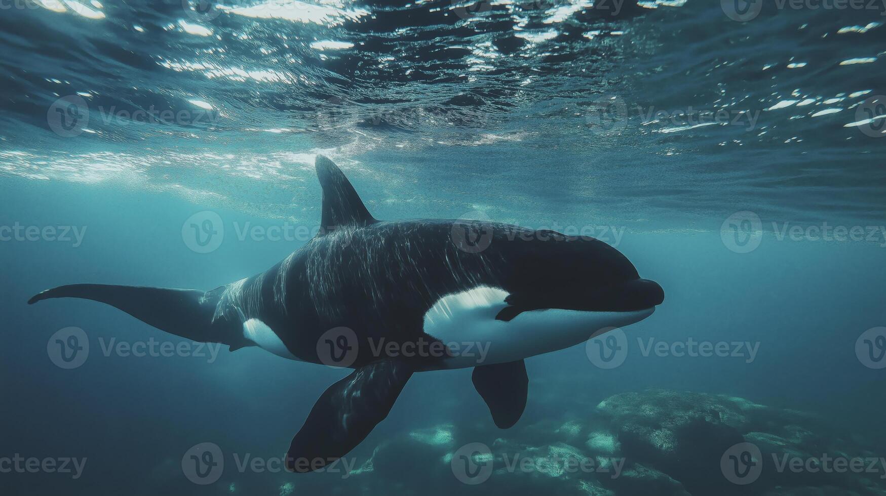 An orca glides through azure waters, dazzling in the shimmering sunlight. photo