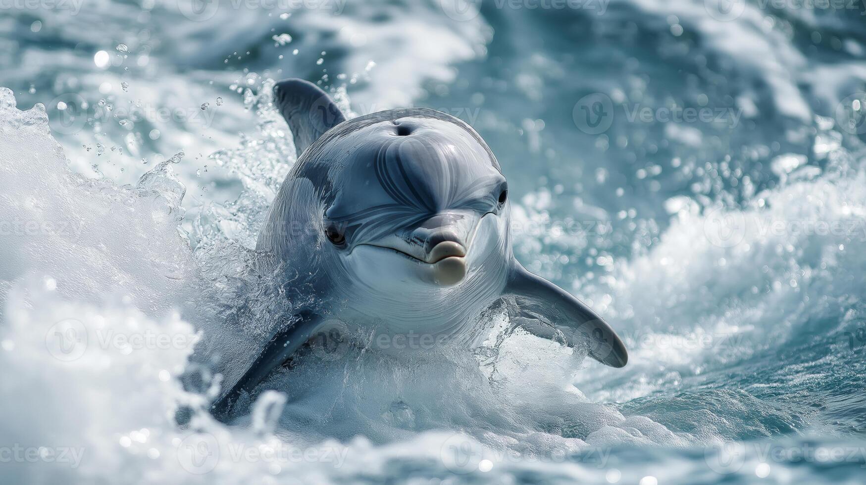 A playful dolphin splashes through ocean waves under bright sunlight, highlighting its agility. photo