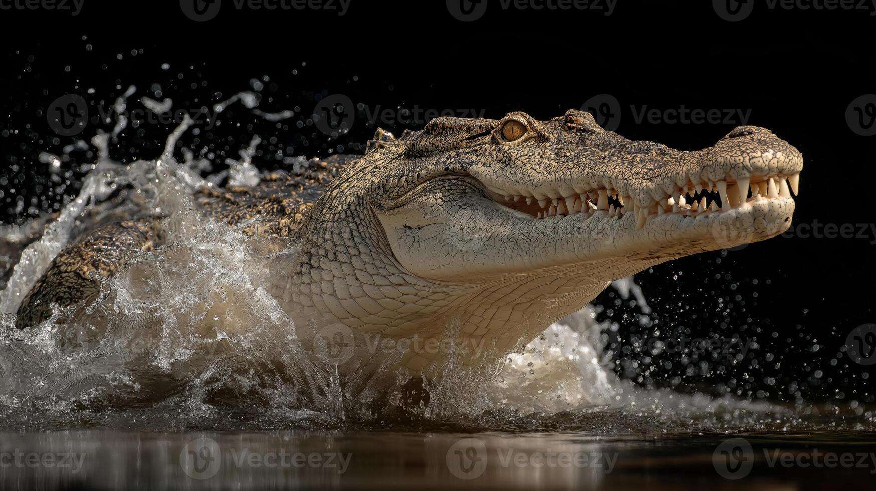 Crocodile moves swiftly through water, creating splashes as it navigates its environment. photo