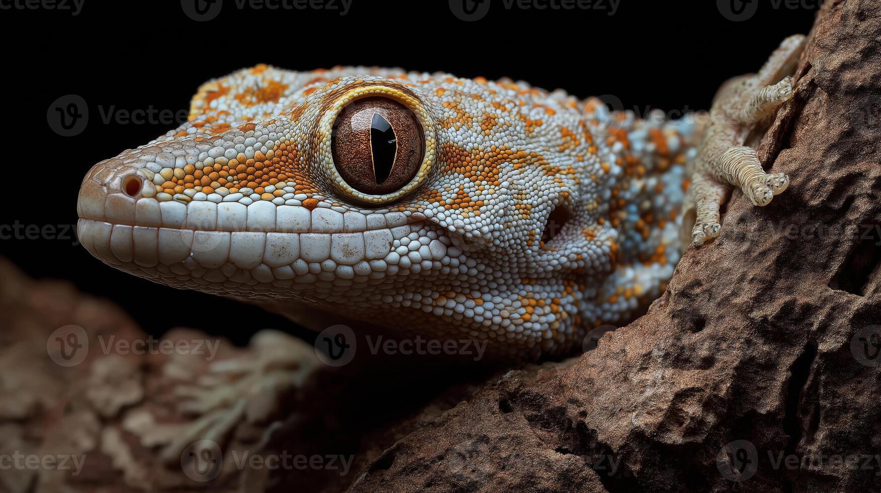 A vibrant-patterned gecko rests on wood, highlighting its unique textures in low light. photo