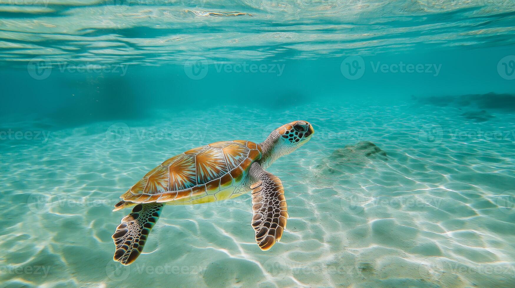 A vibrant sea turtle swims effortlessly across crystal-clear waters, illuminated by sunlight. photo