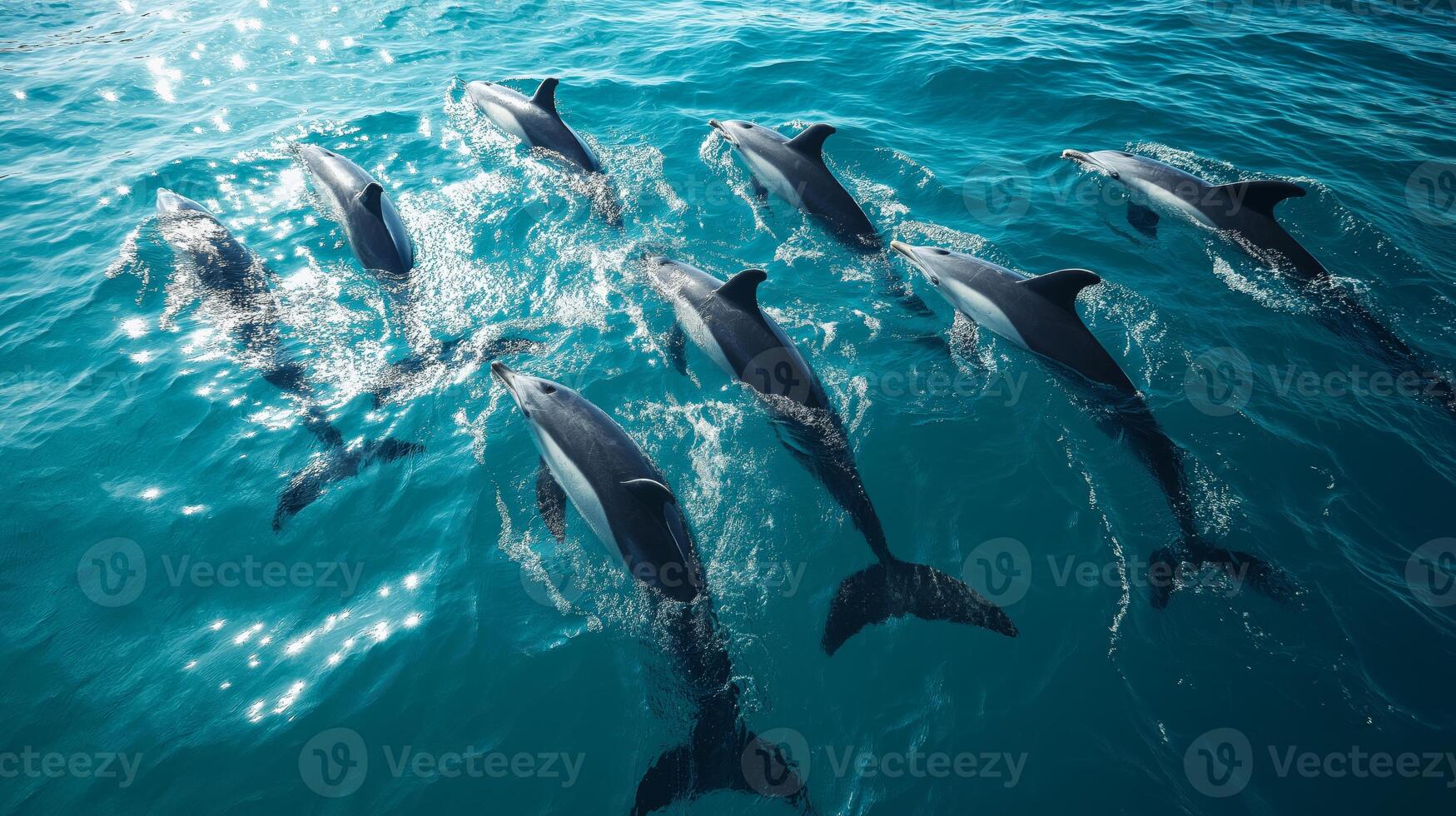 A group of dolphins swims joyfully in the bright blue water, creating splashes and movements. photo