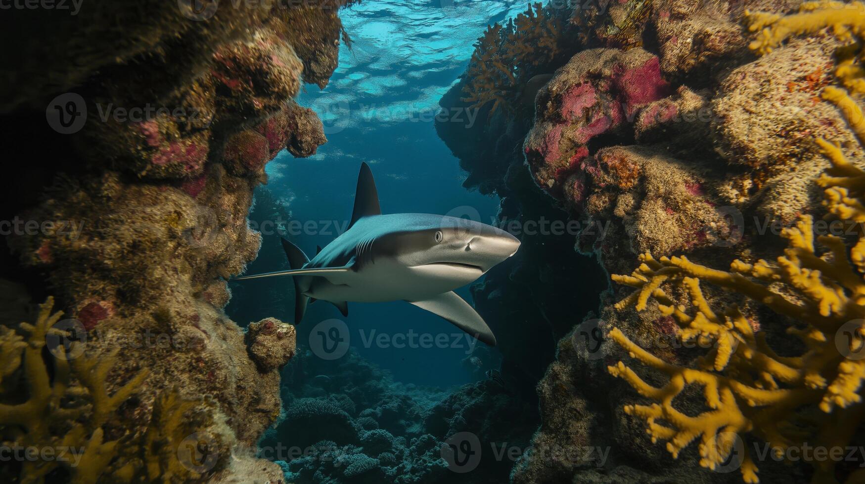 A shark glides effortlessly between vibrant coral formations under bright sunlight. photo