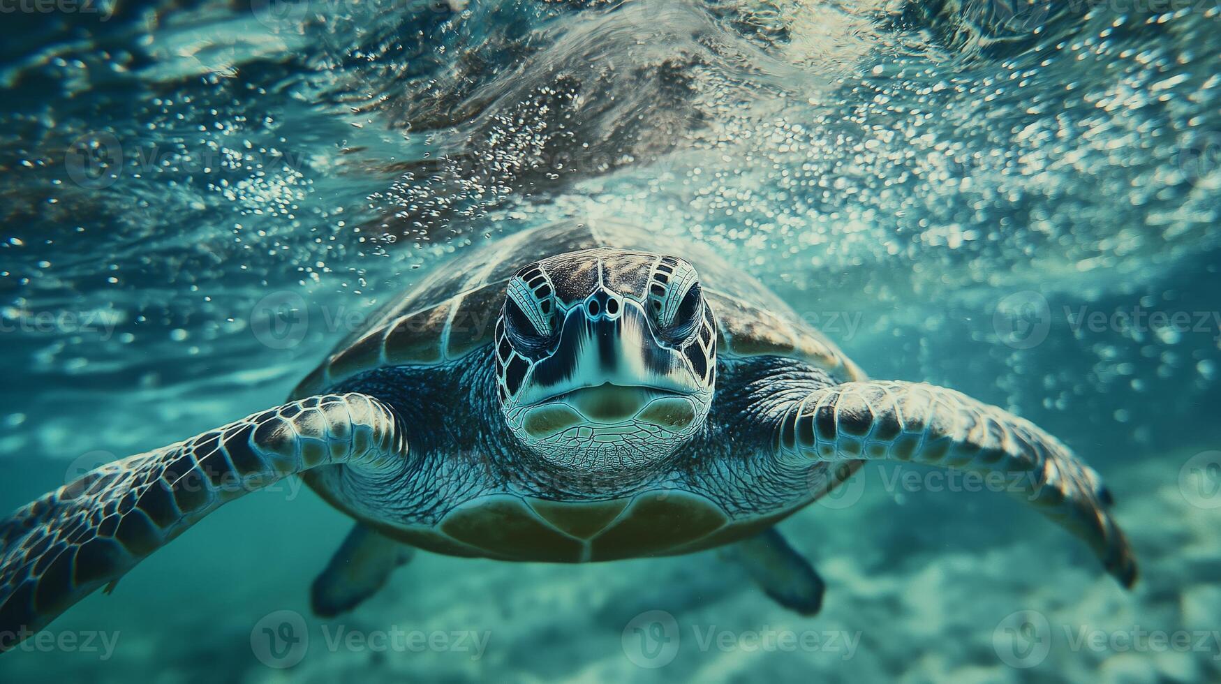 A green sea turtle glides through warm, sunny waters, showcasing its vibrant colors and patterns. photo