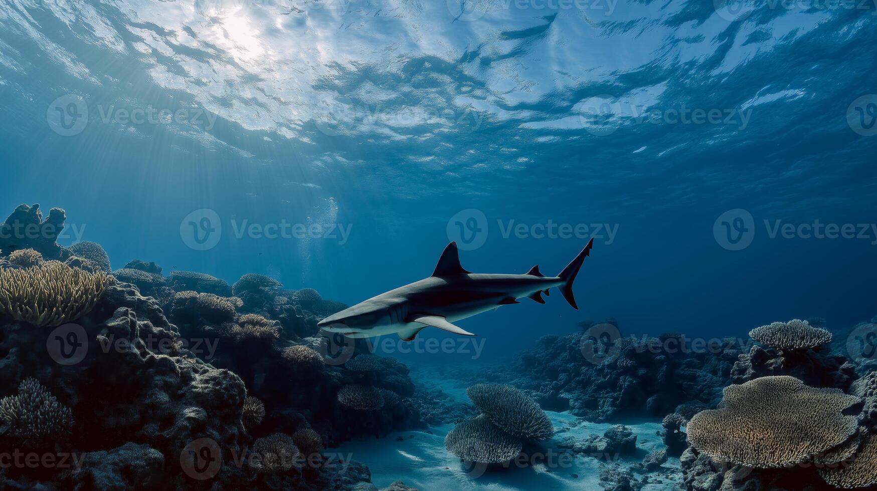 A shark glides effortlessly through clear blue waters surrounding beautiful coral formations. photo