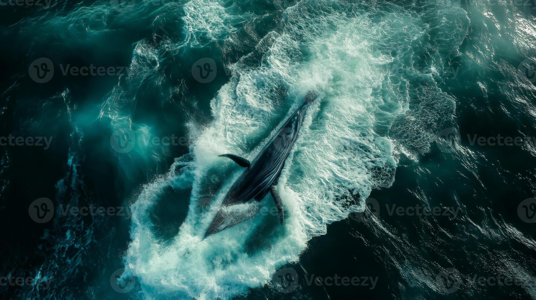 A whale gracefully swims in vibrant waters, leaving a trail of frothy waves behind it. photo